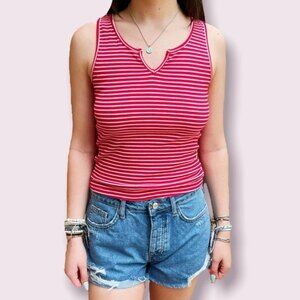 Ribbed Striped Tank Top Red White Sleeveless Coastal Shirt Womens Size Medium